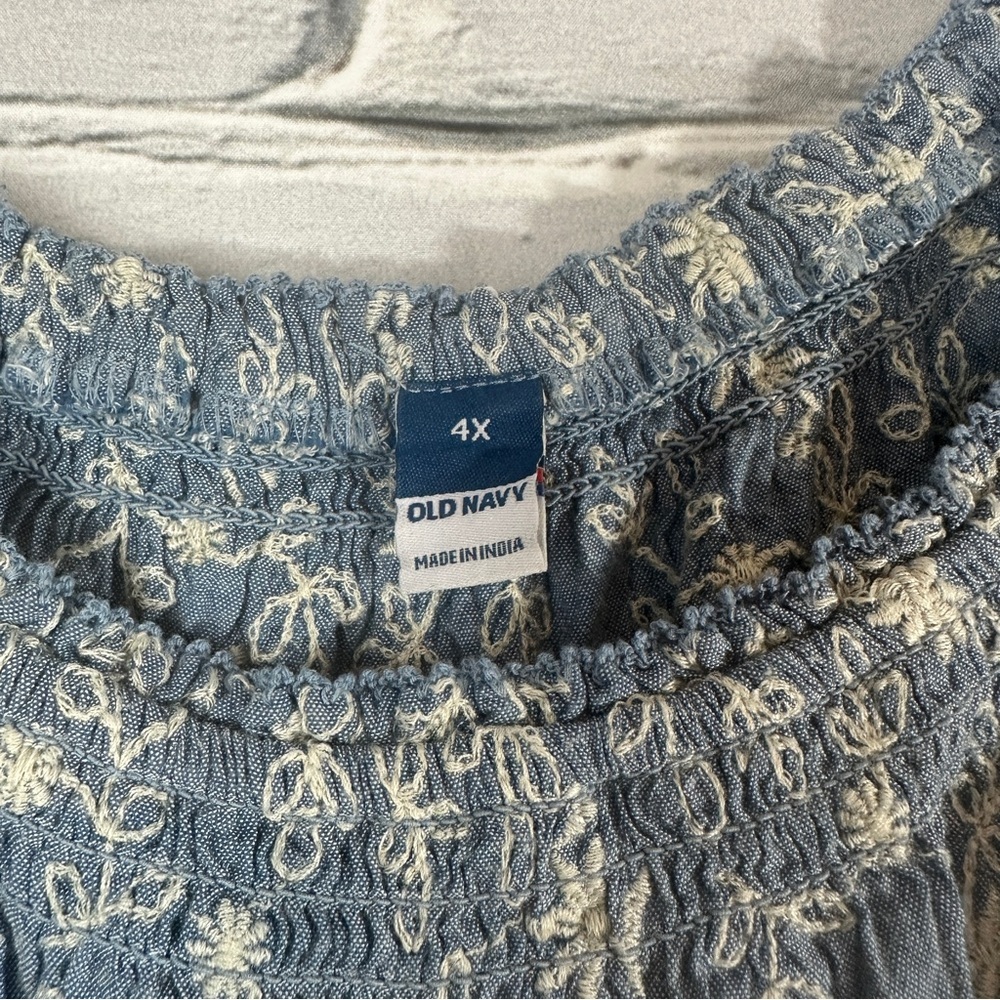 Old Navy Puff-Sleeve Tiered Swing Dress 4x Chambray Embroidered Cottagecore - Picture 5 of 10
